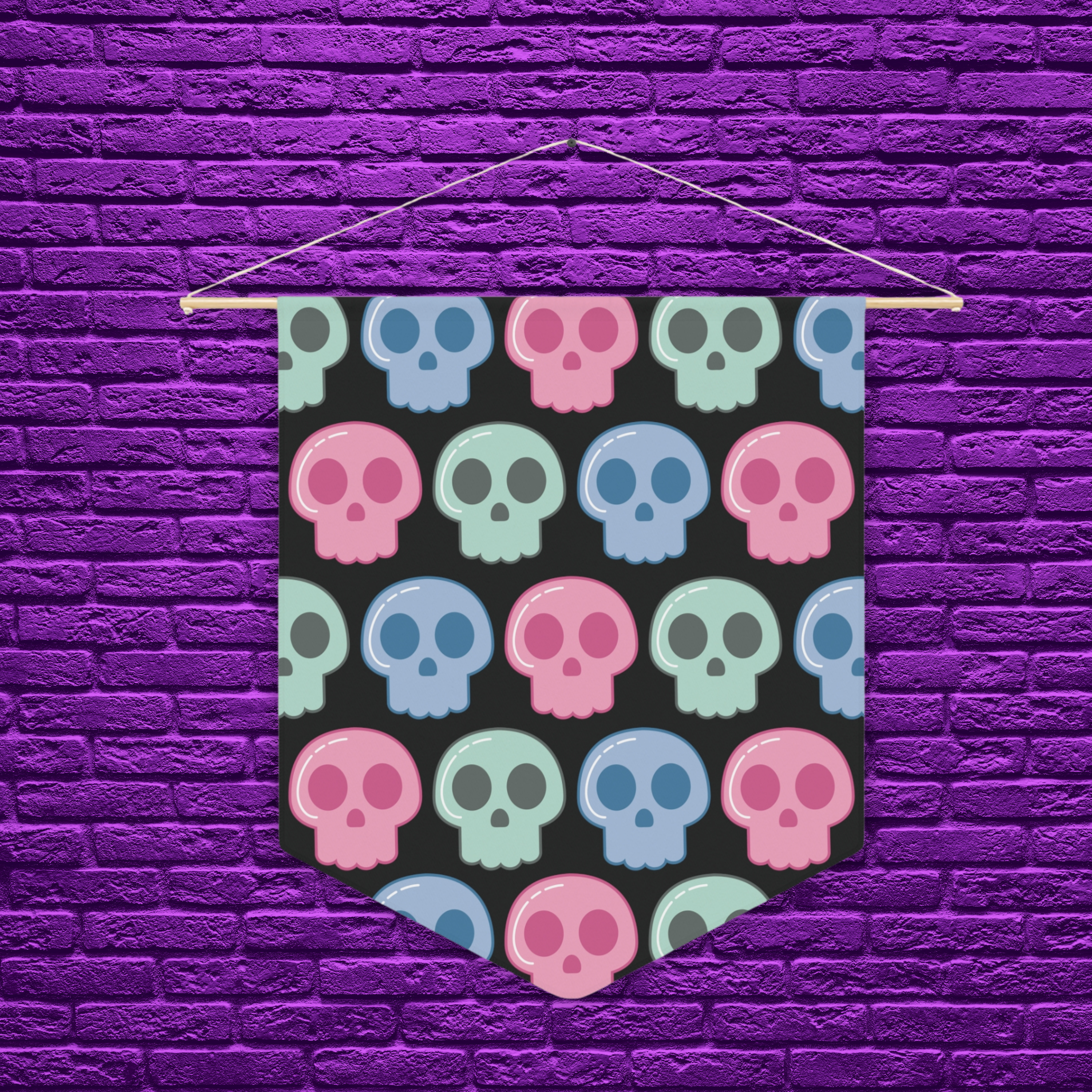 Pastel Goth Skulls Cute Halloween Skulls Print Black Pennant Banner Wall Hanging