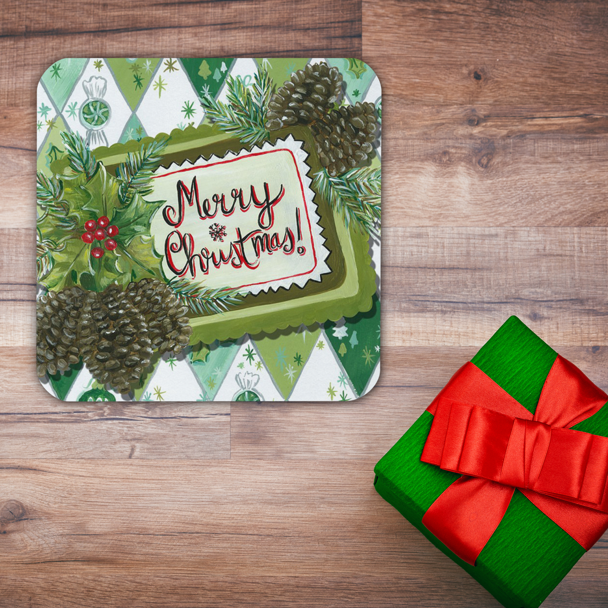 Merry Christmas Pinecones Retro Cork-back Coaster