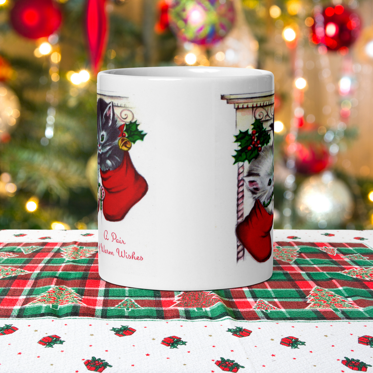 A Pair Of Warm Wishes Kittens In Stockings Retro Vintage Christmas Print Glossy Coffee Mug
