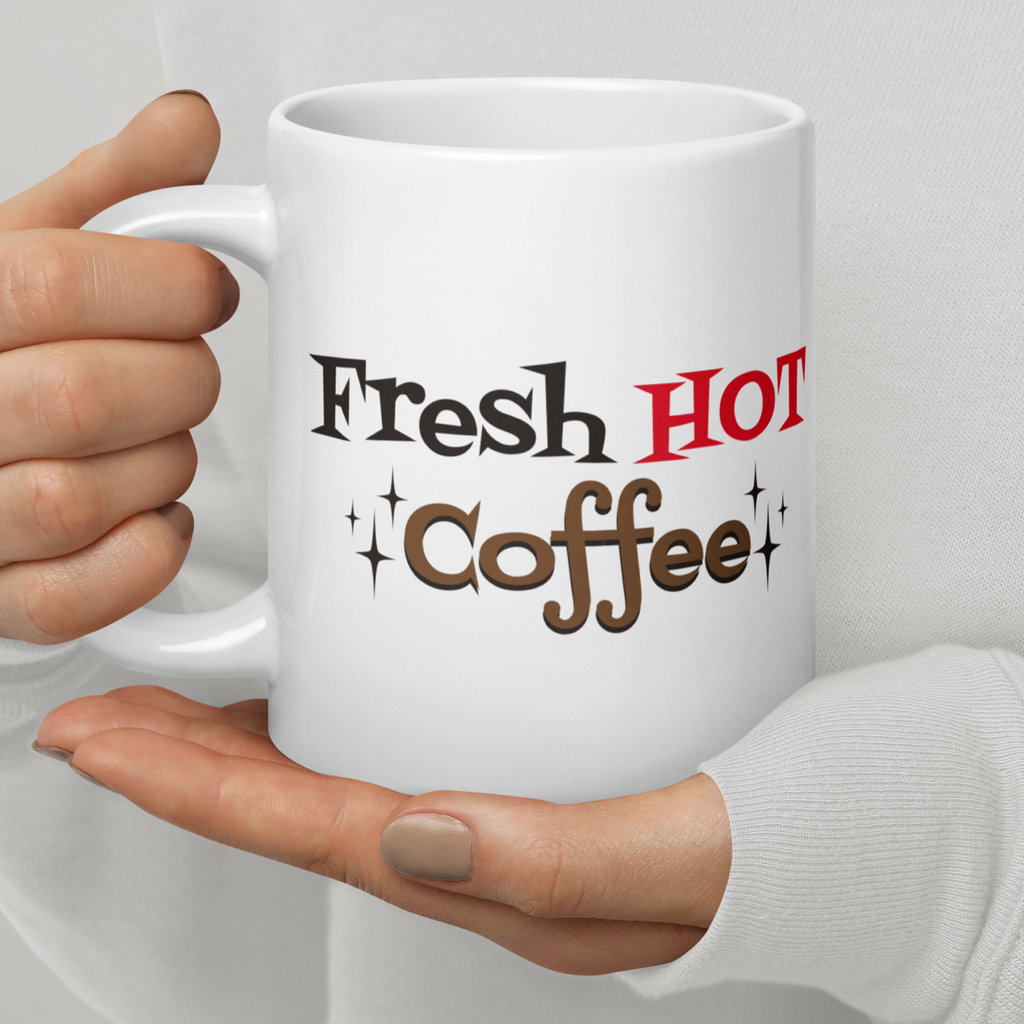 Fresh Hot Coffee Starburst Atomic Mid Century Retro Style White Glossy Coffee Mug