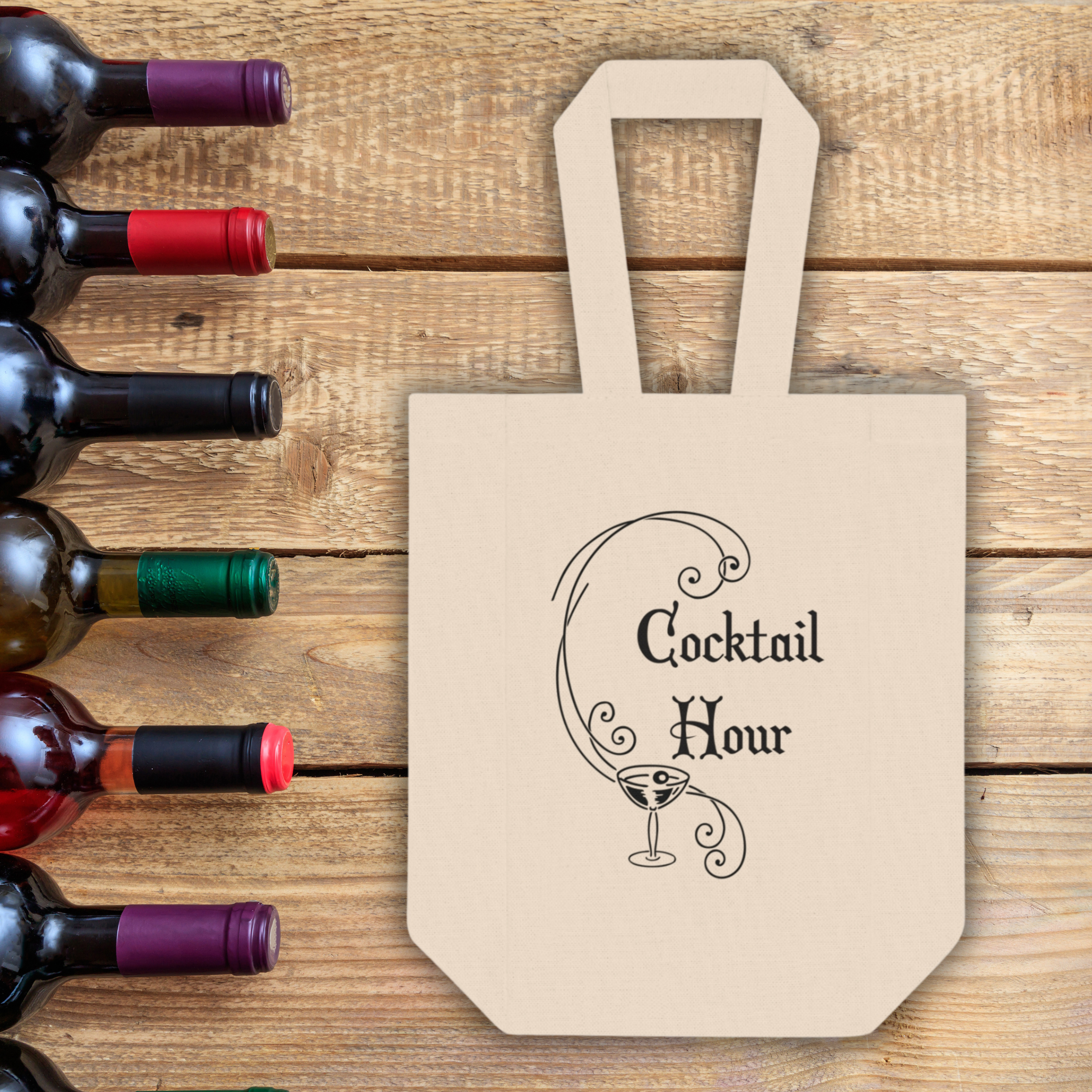 Cocktail Hour Canvas Wine Tote Bag Double Bottle Holder Retro Style Print