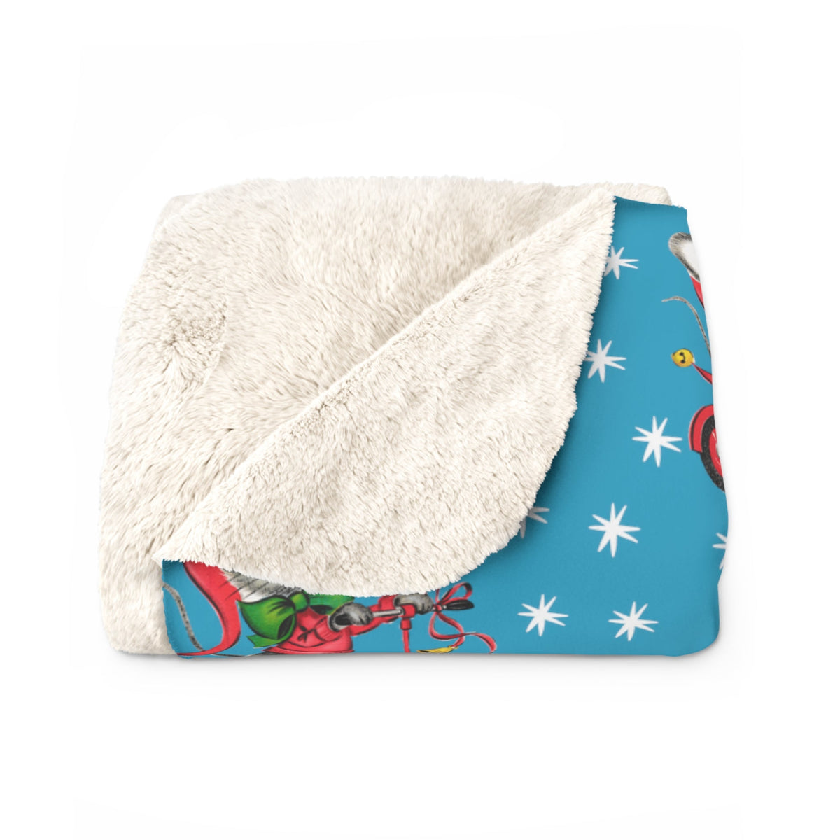 Christmas Mouse On Scooter Stars Blue Mid Century Retro Style Christmas Sherpa Fleece Blanket
