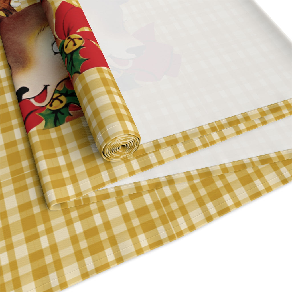 Merry Christmas Reindeer Bunny Yellow Plaid Retro Christmas Print Home Decor Cotton Poly Table Runner