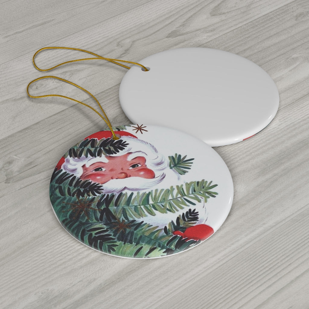 Santa In Tree Mid Century Retro Christmas Print Ceramic Ornament