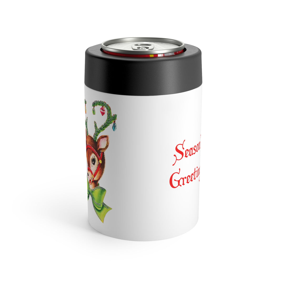 Season's Greetings Reindeer Ornaments Mid Century Retro Christmas Print Stainless Steel Can Holder