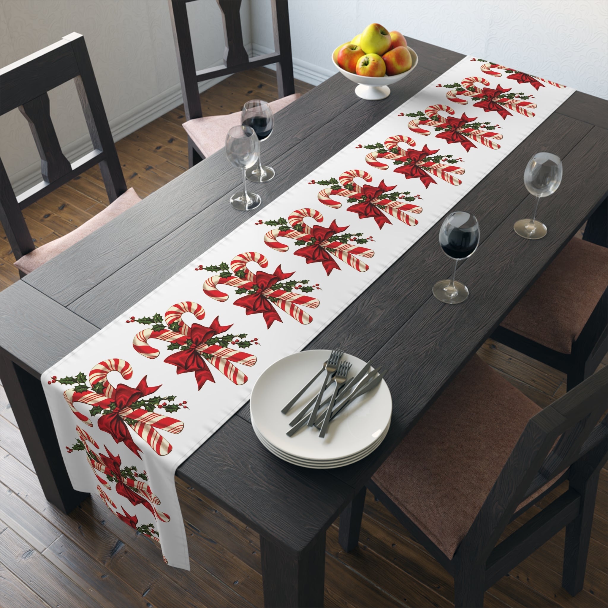 Retro Candy Canes Table Runner Home Decor Polyester Fabric Cloth Linens Unique Cozy Cute Dining Kitchen Decoration