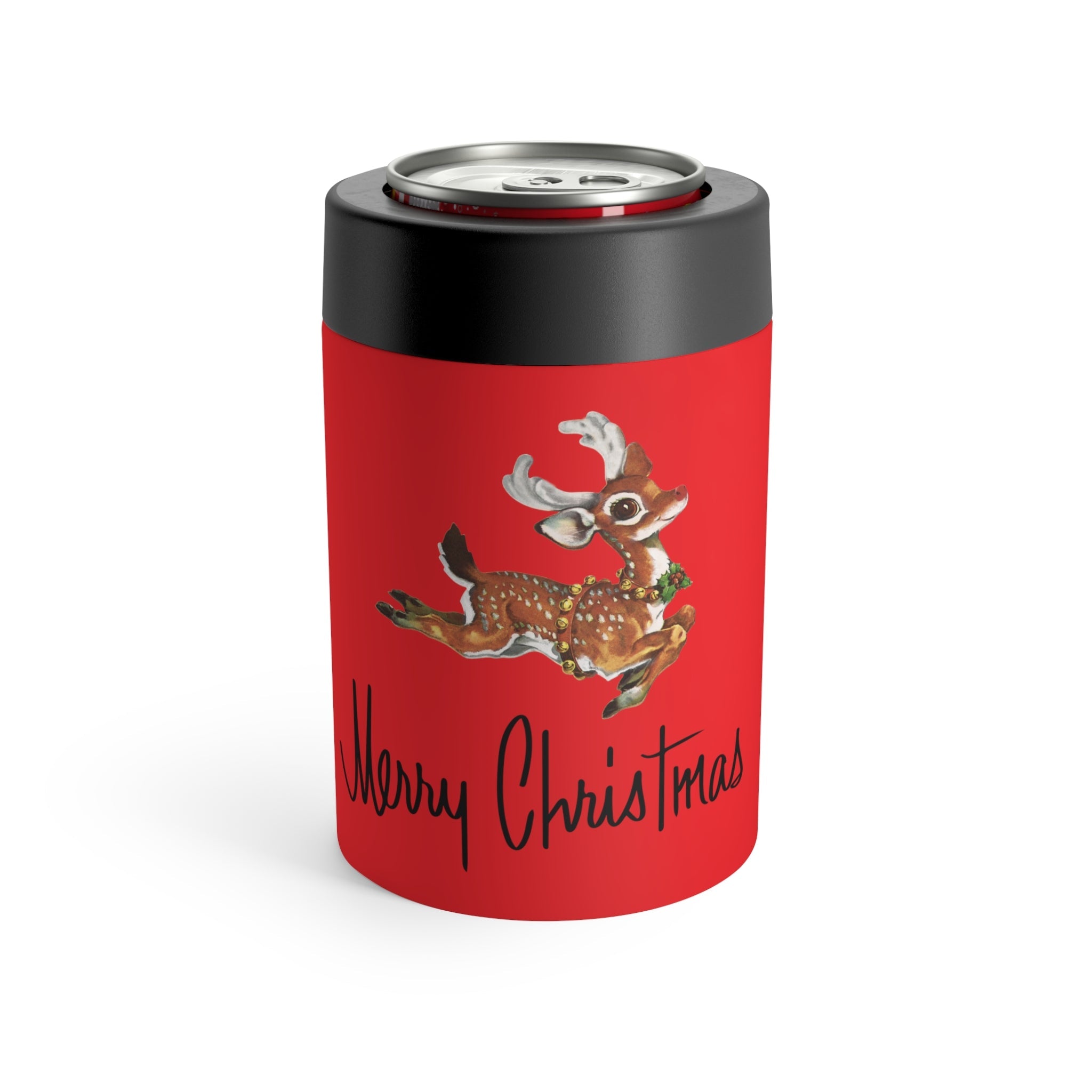 Merry Christmas Reindeer Red Mid Century Retro Christmas Print Stainless Steel Can Holder