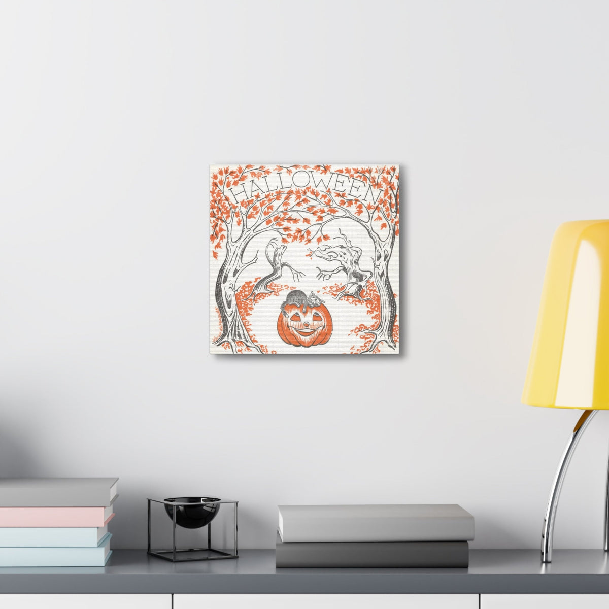 Halloween Trees Black Cat Jack O Lantern Retro Halloween Decor Print Canvas Gallery Wrap