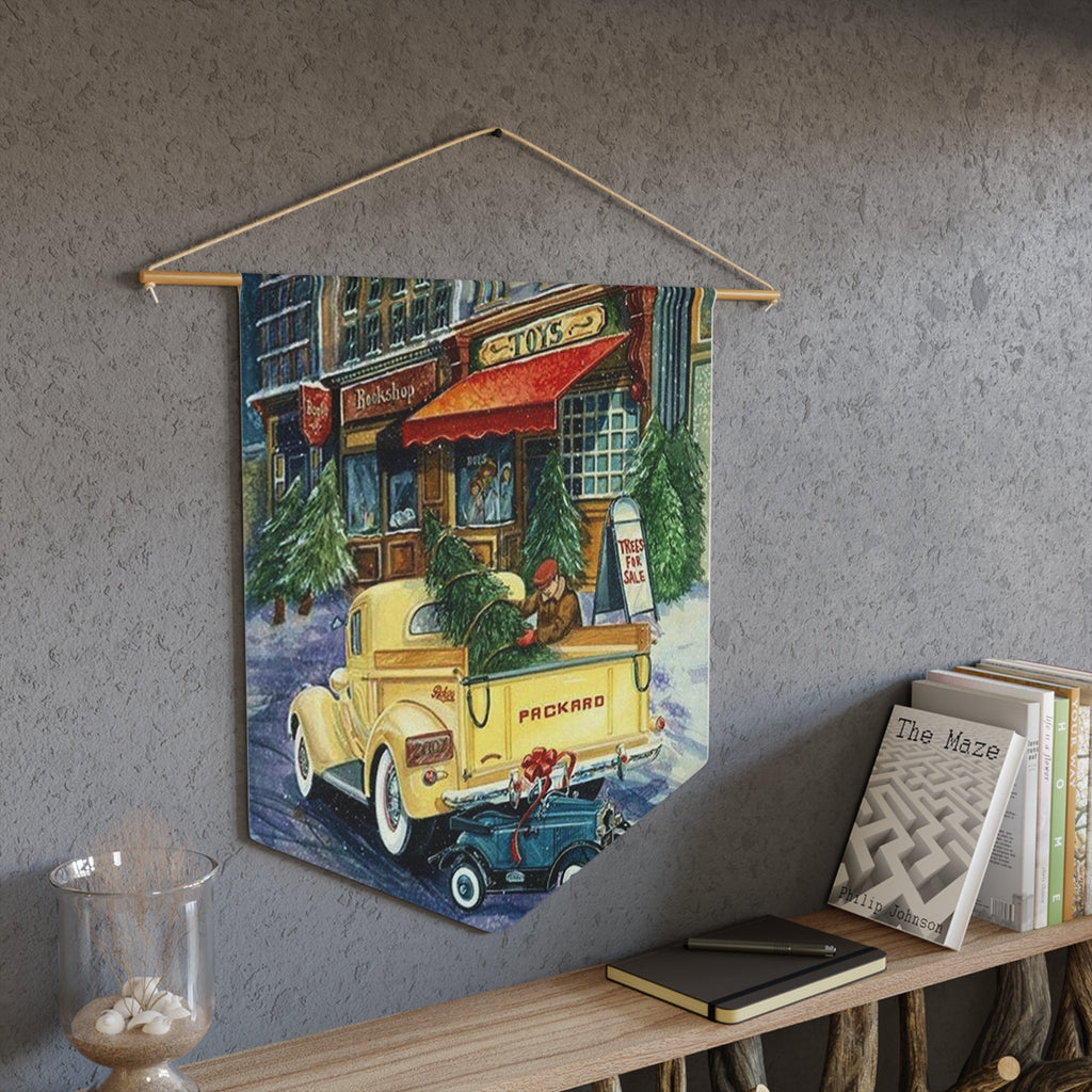 Yellow Christmas Packard Truck With Tree Retro Christmas Print Wall Hanging Banner Flag
