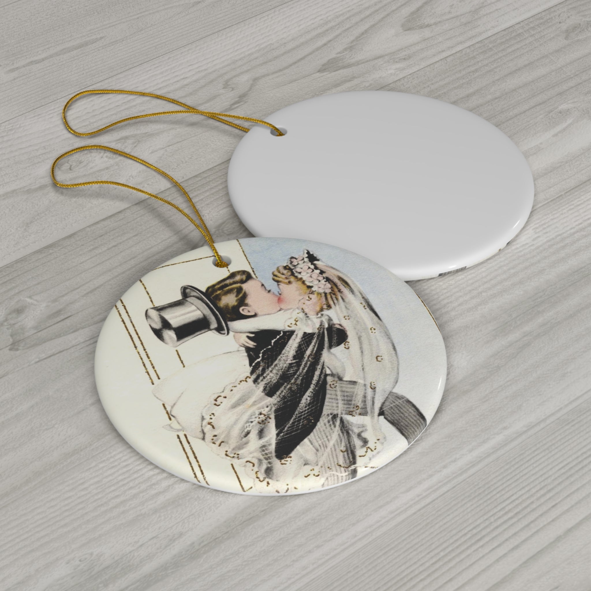 Bride And Groom Crossing Threshold Newlywed Mid Century Retro Print Ceramic Ornament