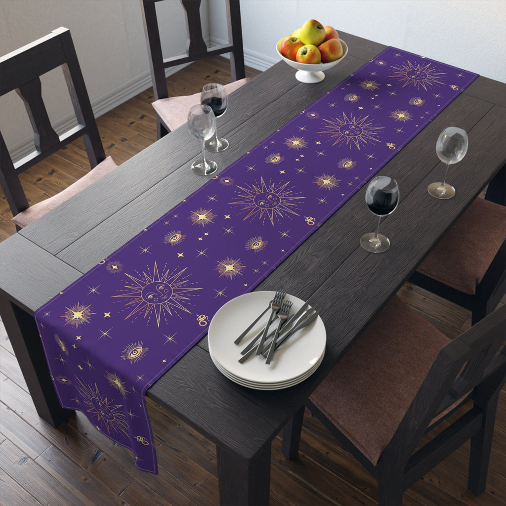 Celestial Gold Sun Stars Tarot Purple Cotton Poly Table Runner