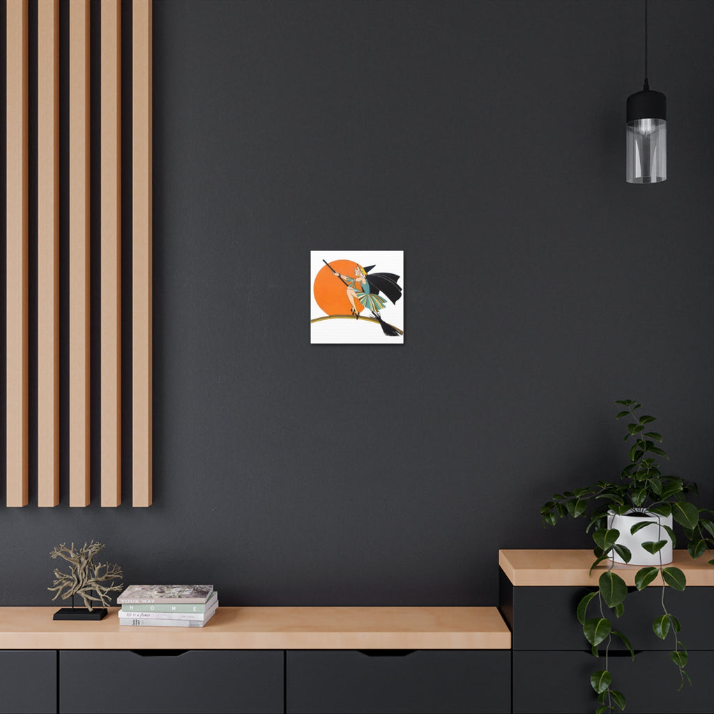 Flapper Witch On Broom Orange Moon Retro Halloween Decor Print Canvas Gallery Wrap