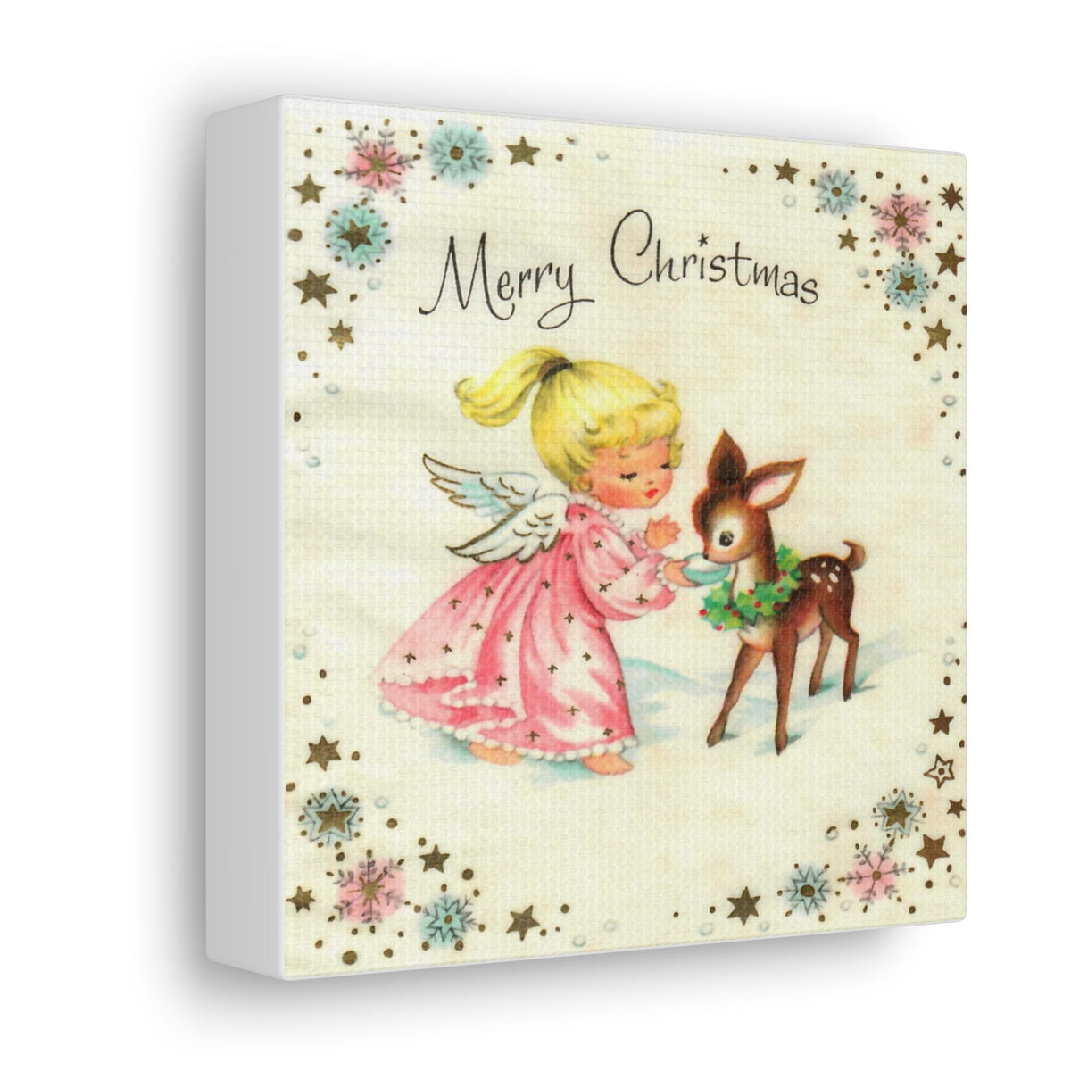 Merry Christmas Angel And Reindeer Retro Christmas Canvas Gallery Wrap