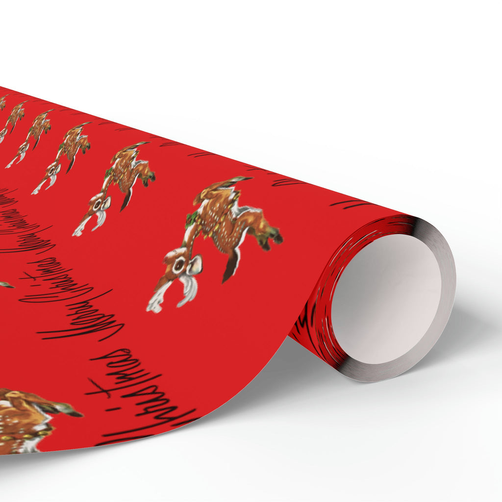 Merry Christmas Leaping Reindeer Red Mid Century Retro Christmas Print Holiday Gift Wrap Paper - Glossy Or Matte