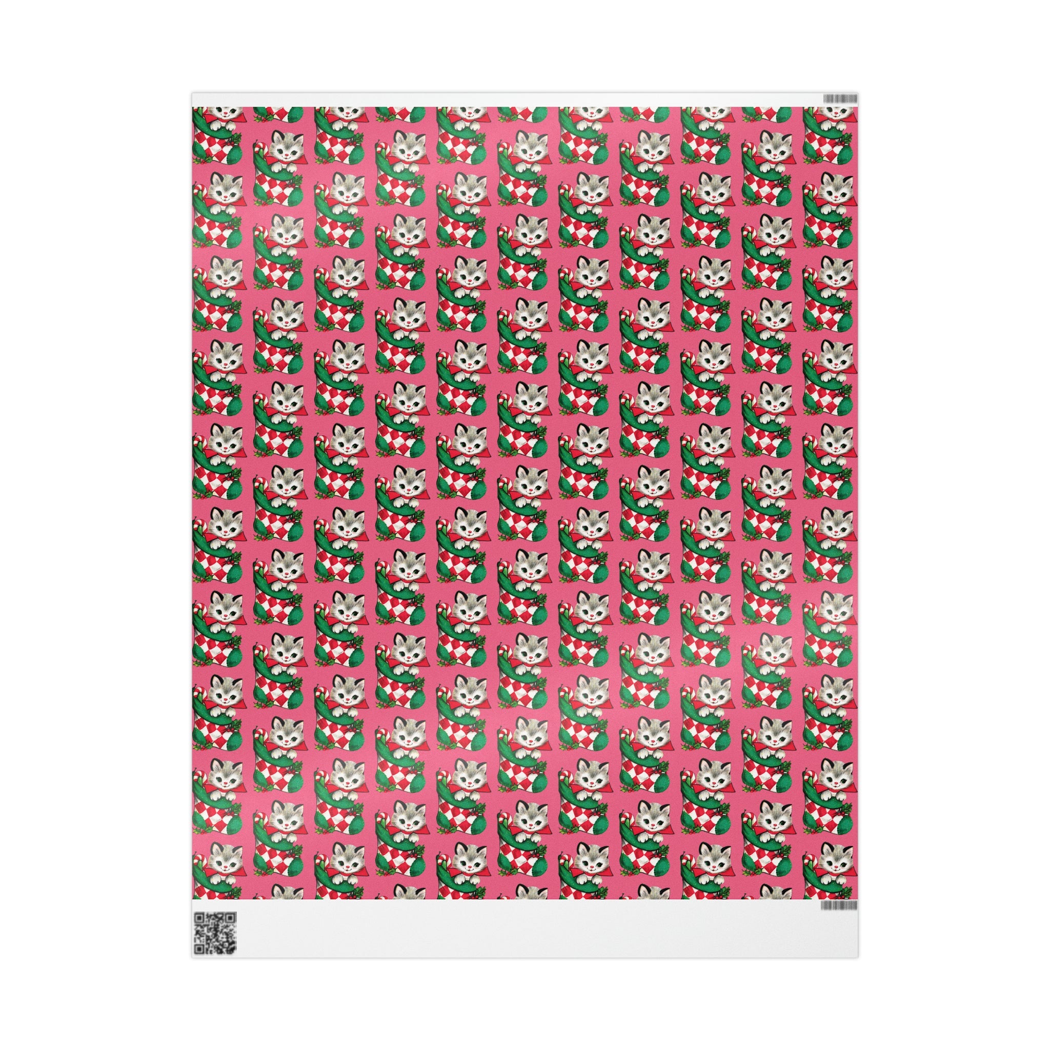 Christmas Kitten In Stocking Pink Mid Century Retro Christmas Print Holiday Gift Wrap Paper - Glossy Or Matte