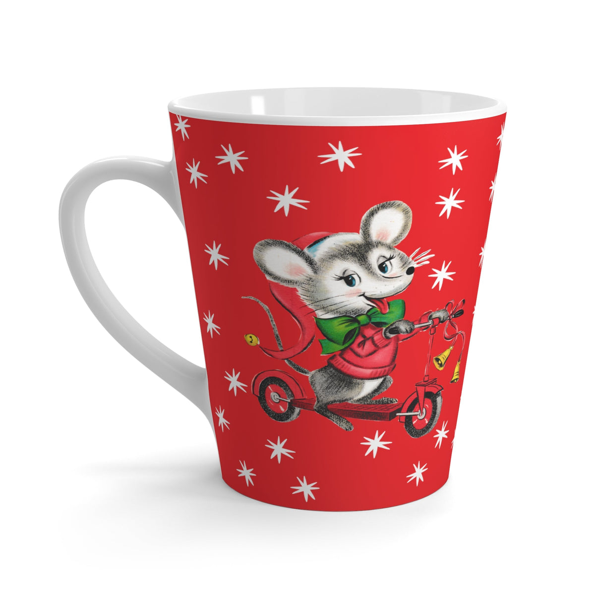 Christmas Mouse On Scooter Stars Red Mid Century Retro Christmas Print Latte Coffee Mug
