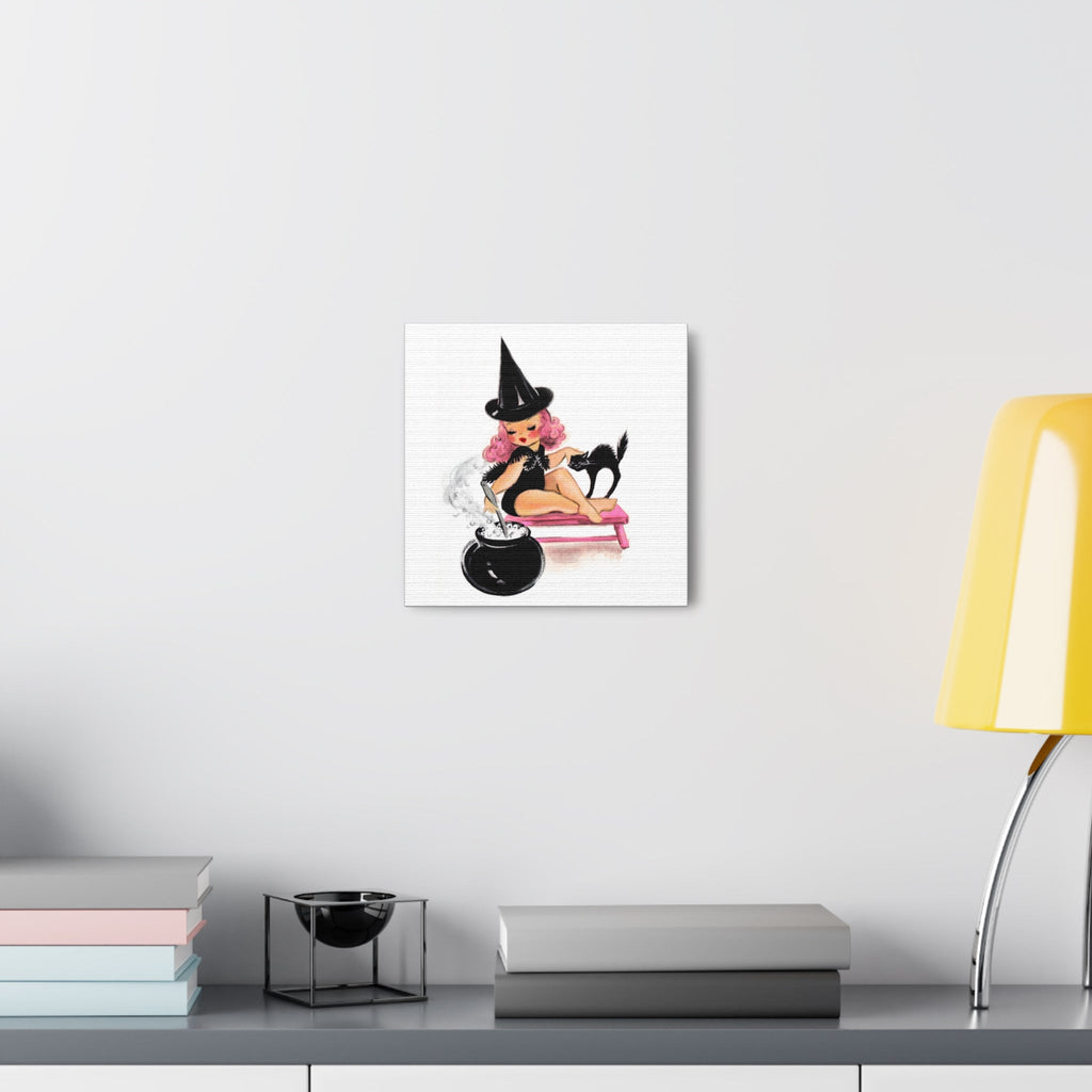 Pink Witch Black Cat Retro Halloween Decor Print Canvas Gallery Wrap