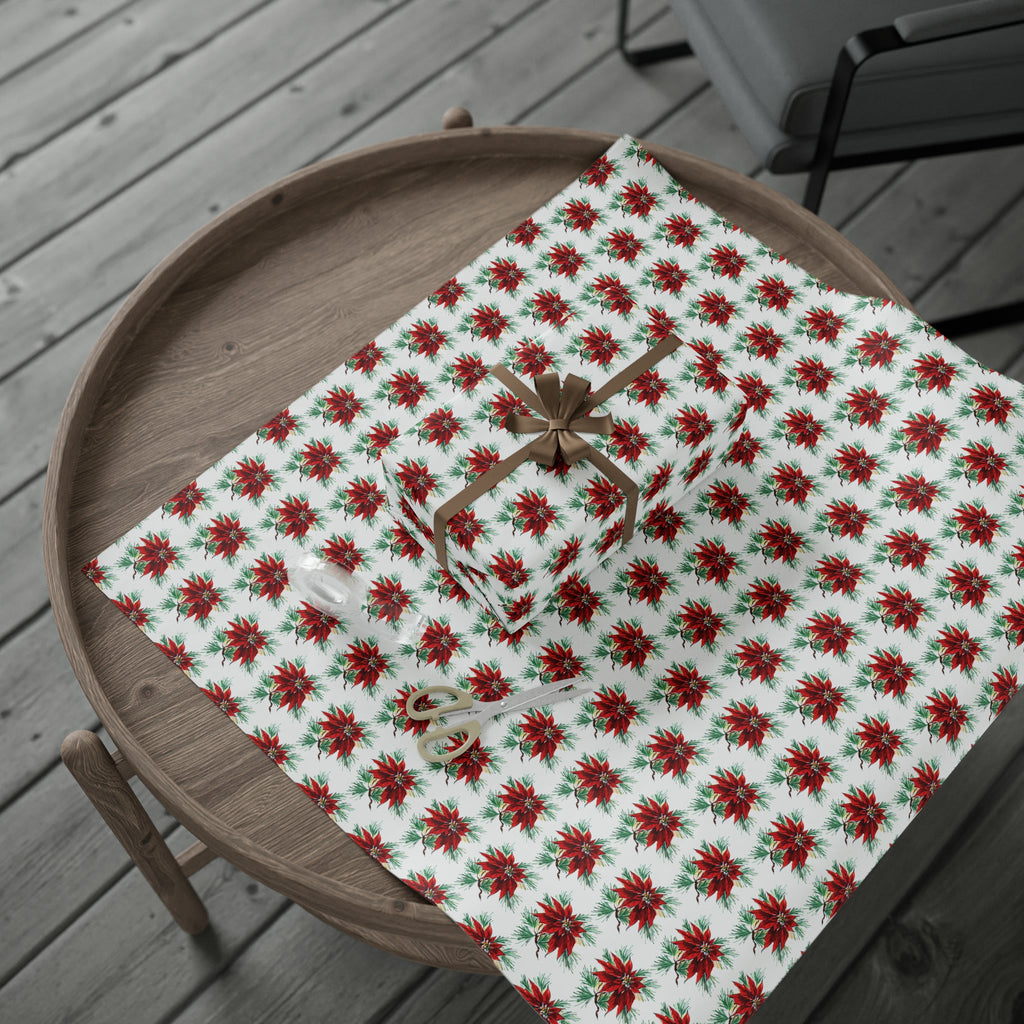 Vintage Poinsettias Mid Century Retro Christmas Print Holiday Gift Wrap Paper - Glossy Or Matte