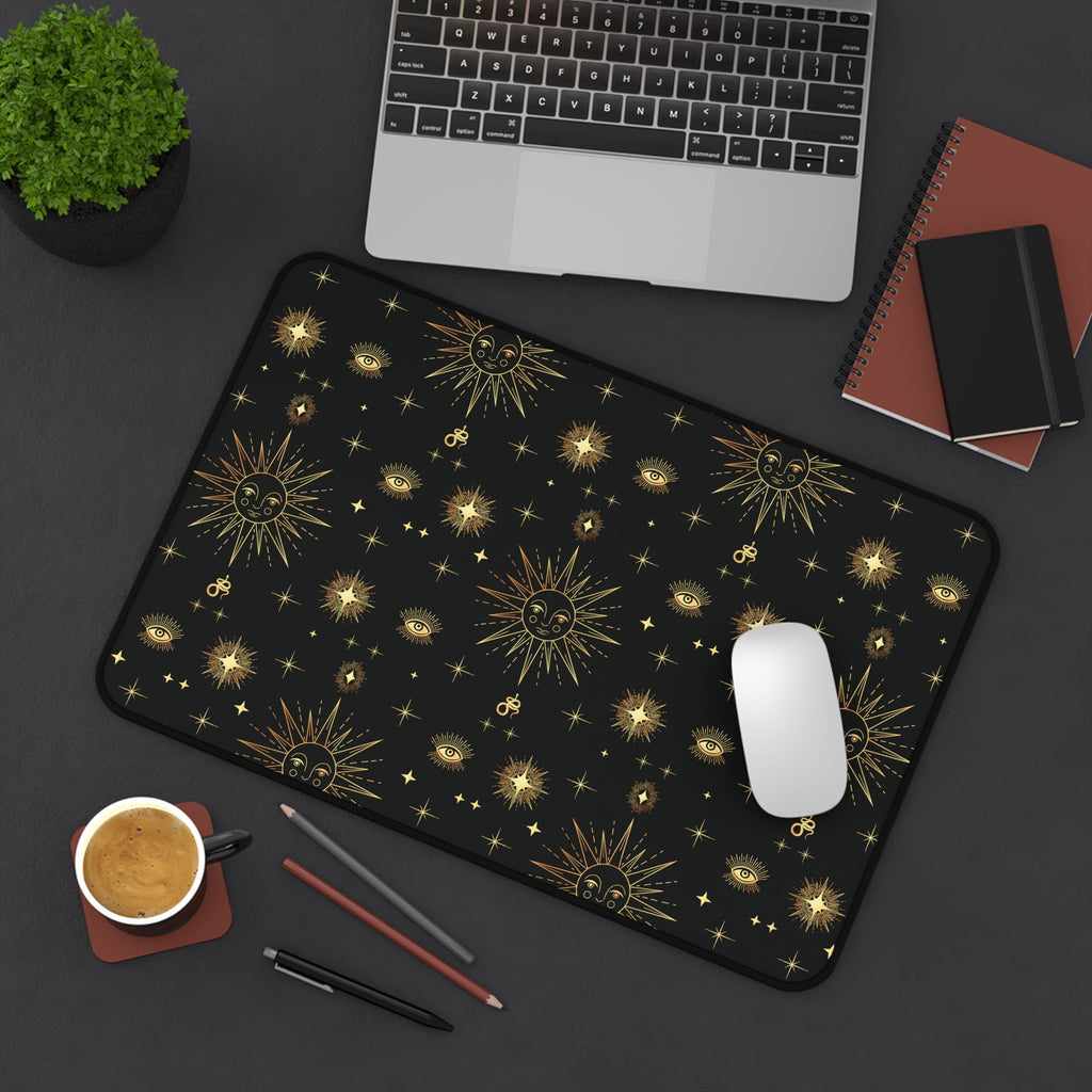 Celestial Gold Sun Stars Tarot Black Desk Mat - 3 size options