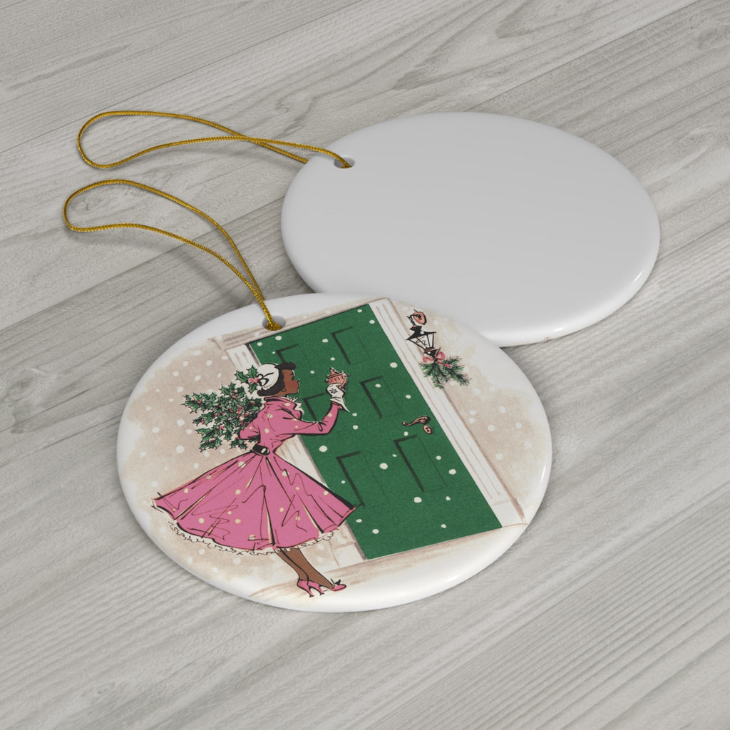 Christmas Lady With Pine Holly Mid Century Retro Christmas Print Ceramic Ornament
