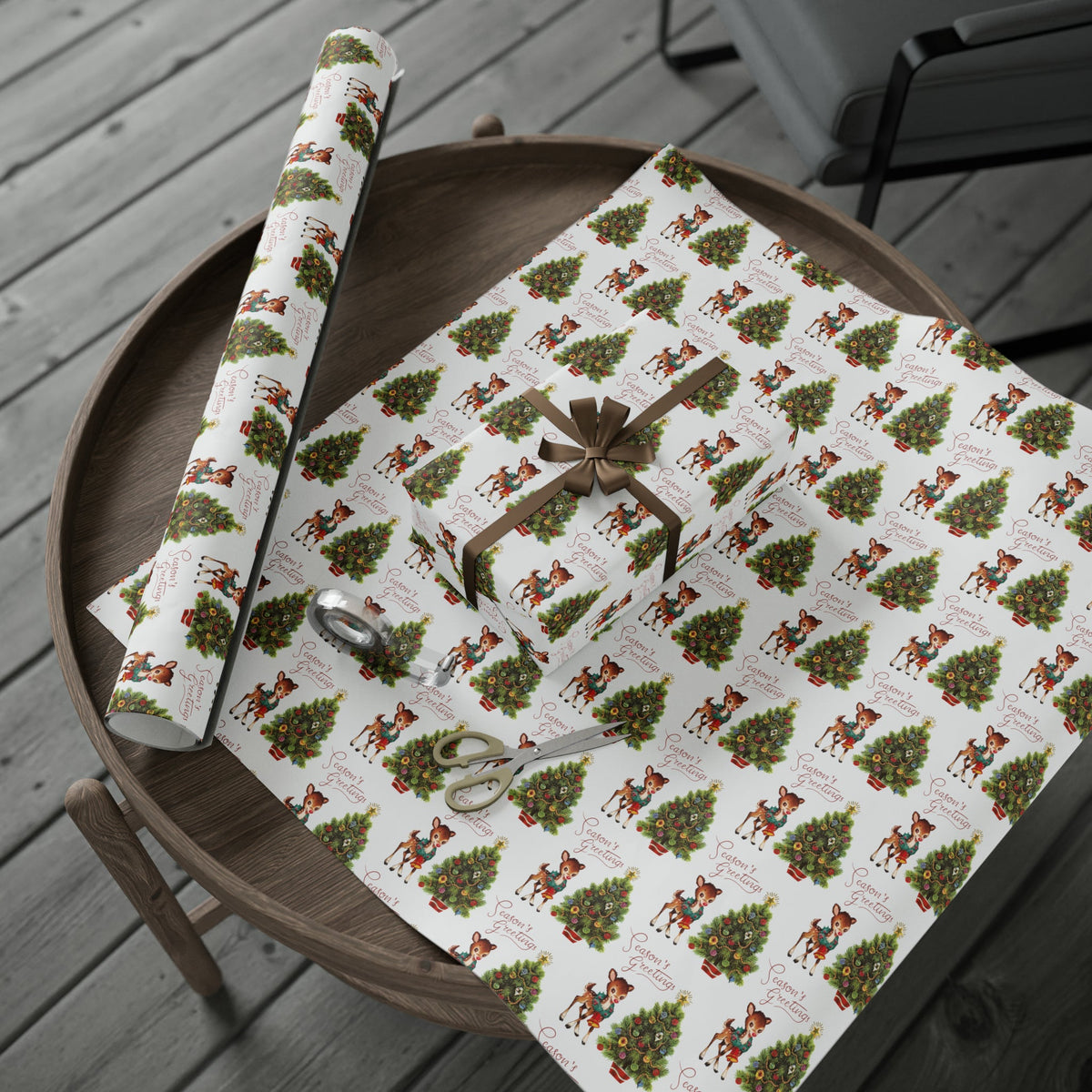 Season's Greetings Reindeer With Wreath And Christmas Tree Mid Century Retro Christmas Print Holiday Gift Wrap Paper - Glossy Or Matte