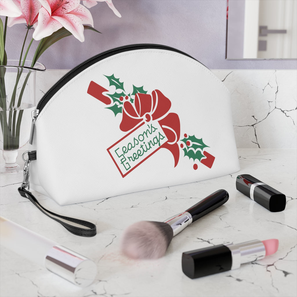 Season's Greetings Bow And Holly Mid Century Retro Christmas Print Travel Cosmetic Makeup Bag