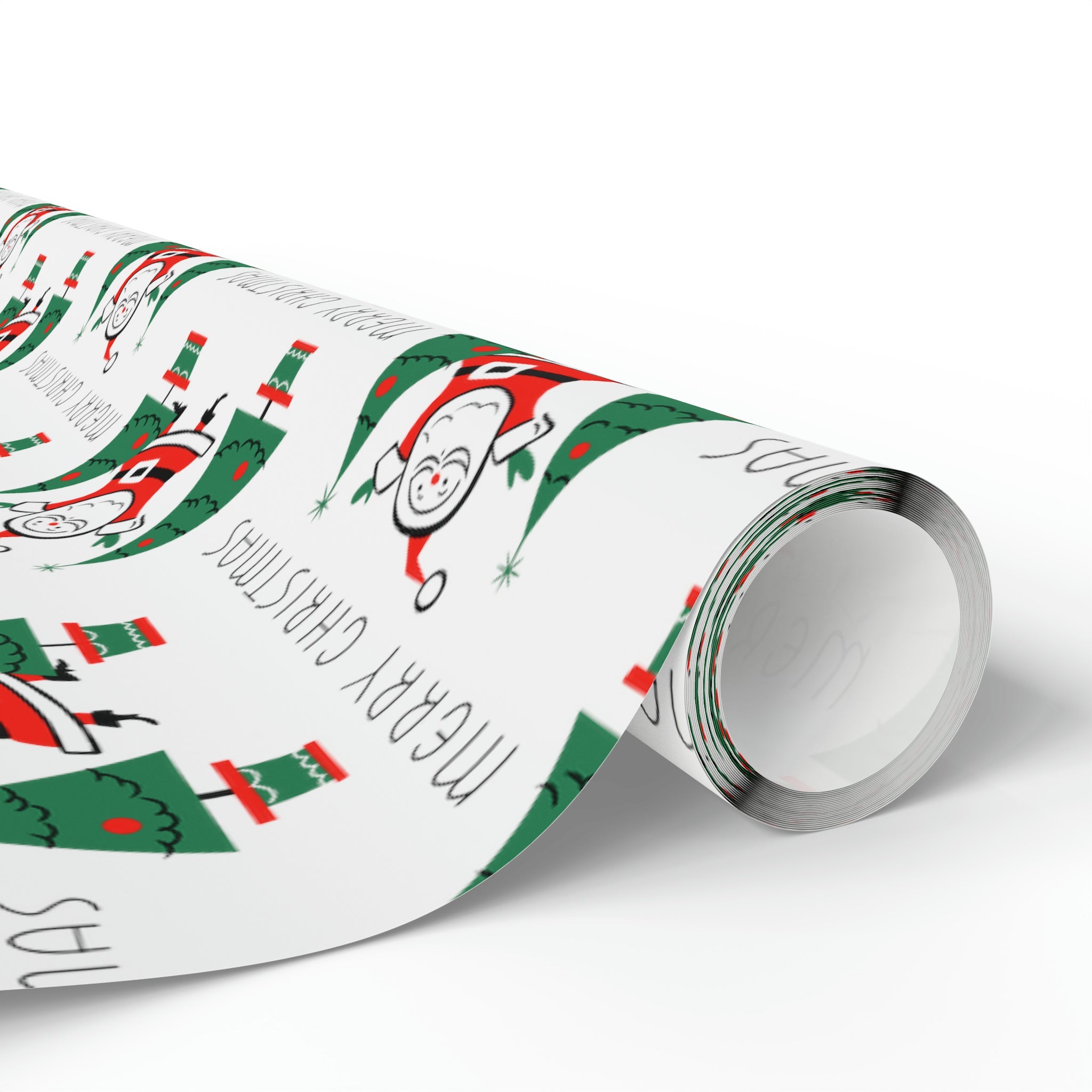 Merry Christmas Santa Christmas Trees Mid Century Retro Christmas Print Holiday Gift Wrap Paper - Glossy Or Matte
