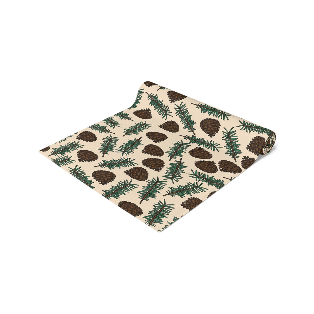 Pinecones With Sprigs Of Pine Cute Winter Christmas Print Home Decor Cotton Poly Table Runner
