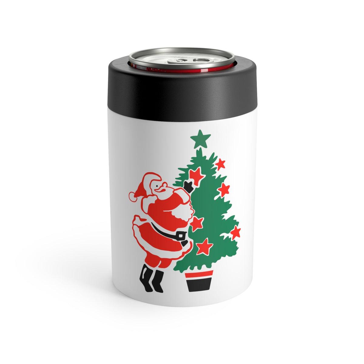 Santa Decorating Christmas Tree Mid Century Retro Christmas Print Stainless Steel Can Holder