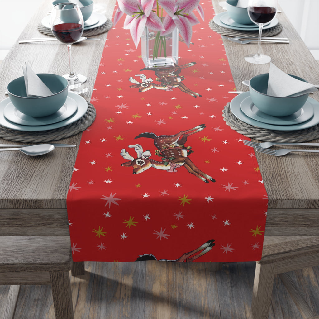 Leaping Reindeer Stars Red Midcentury Retro Christmas Polyester Table Runner