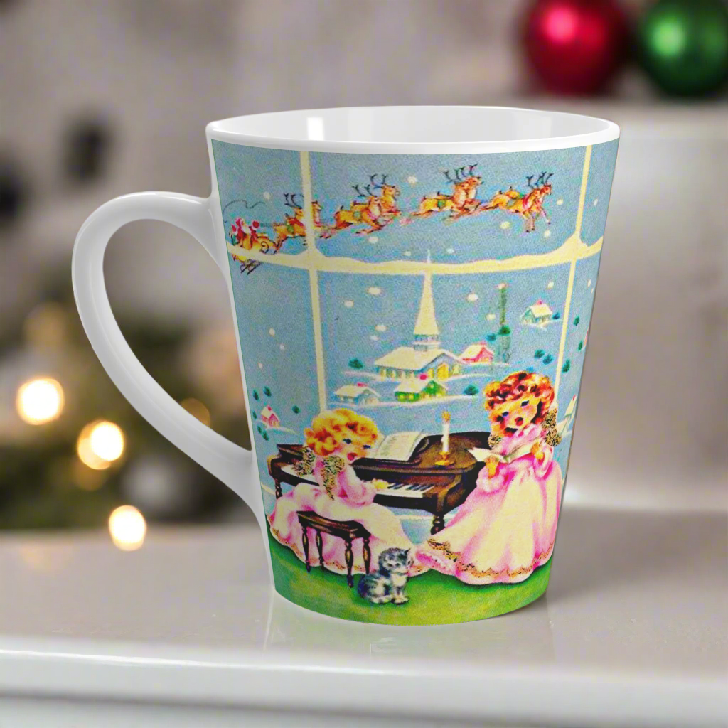 Little Angels Singing At Piano With Santa Reindeer And Church Vintage Retro Christmas Print Latte Coffee Mug
