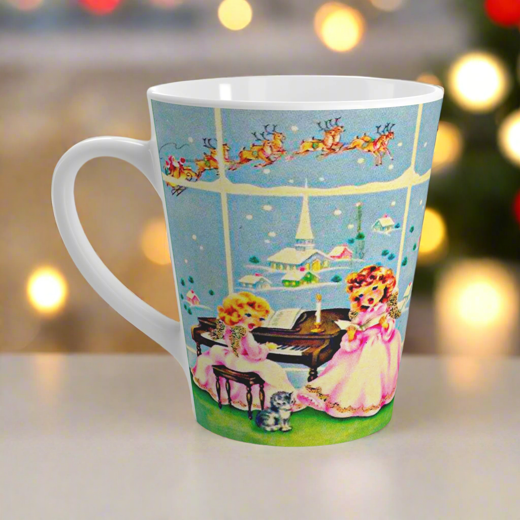 Little Angels Singing At Piano With Santa Reindeer And Church Vintage Retro Christmas Print Latte Coffee Mug