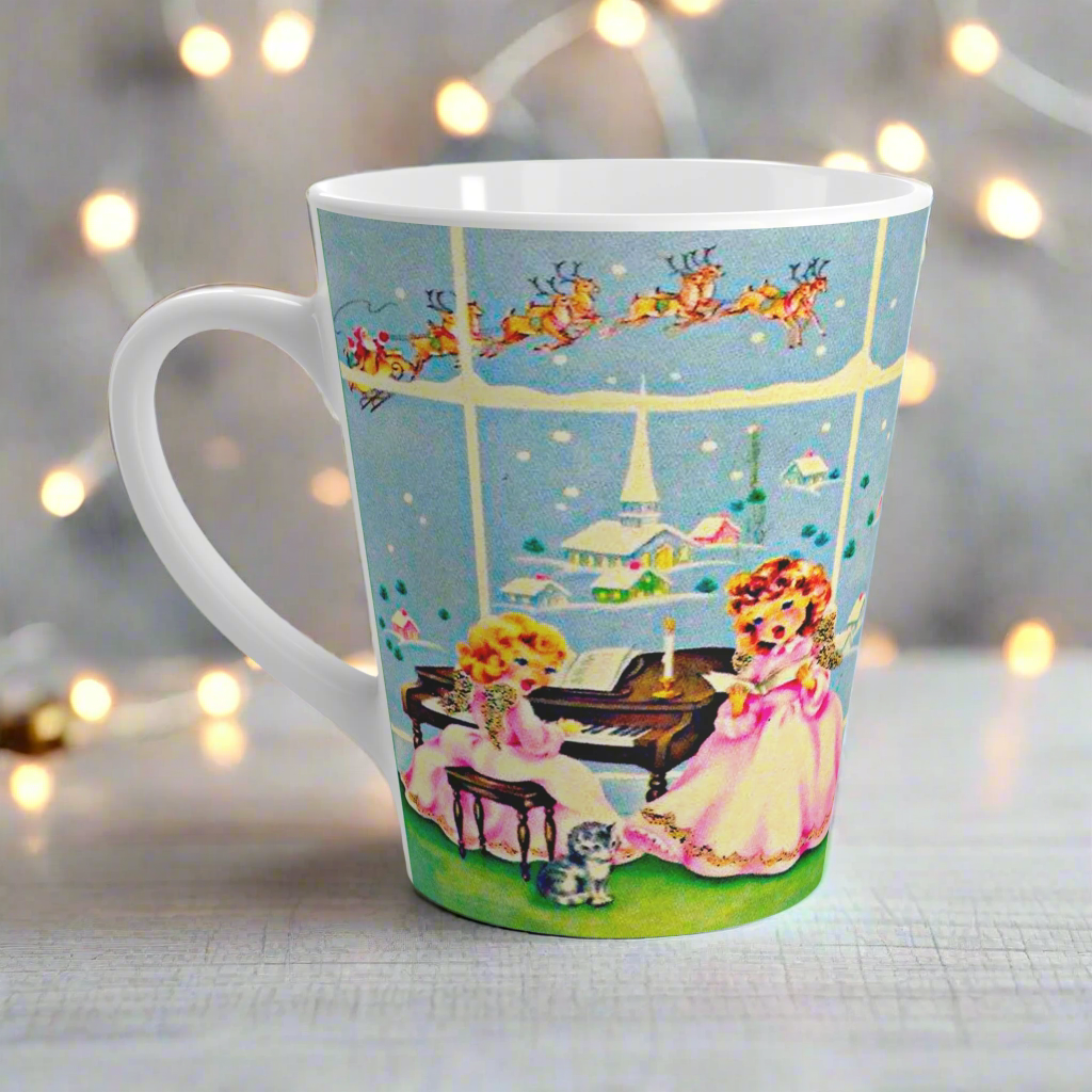 Little Angels Singing At Piano With Santa Reindeer And Church Vintage Retro Christmas Print Latte Coffee Mug
