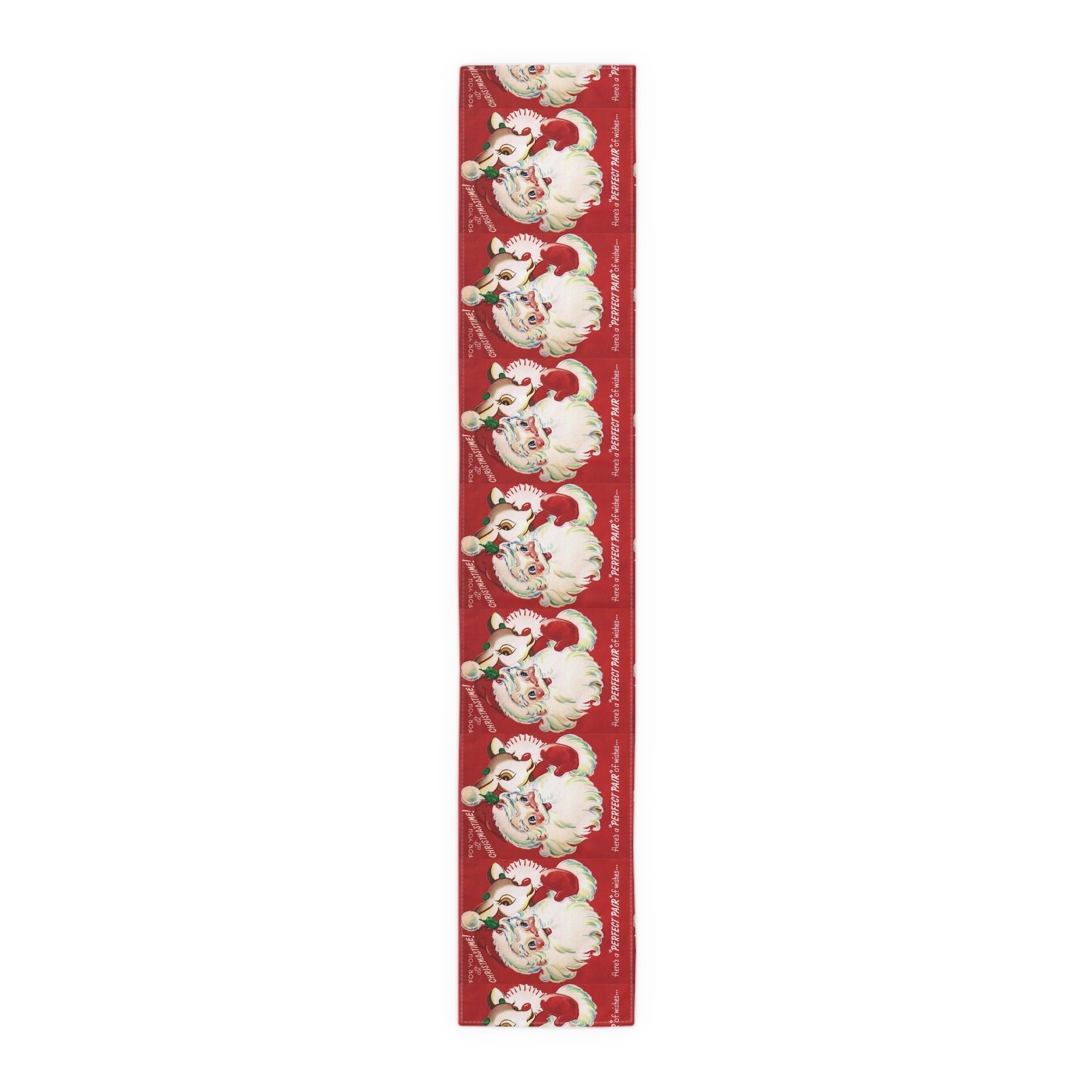 For You At Christmastime Santa And Rudolph Red Retro Christmas Print Home Decor Cotton Poly Table Runner