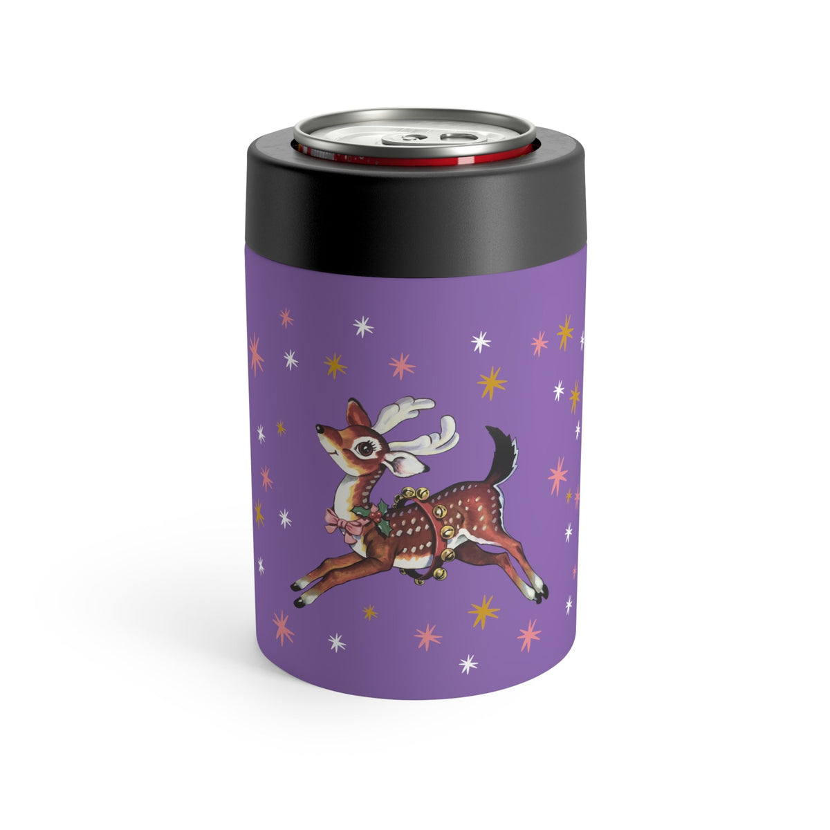 Reindeer Stars Mid Century Purple Retro Christmas Print Stainless Steel Can Holder