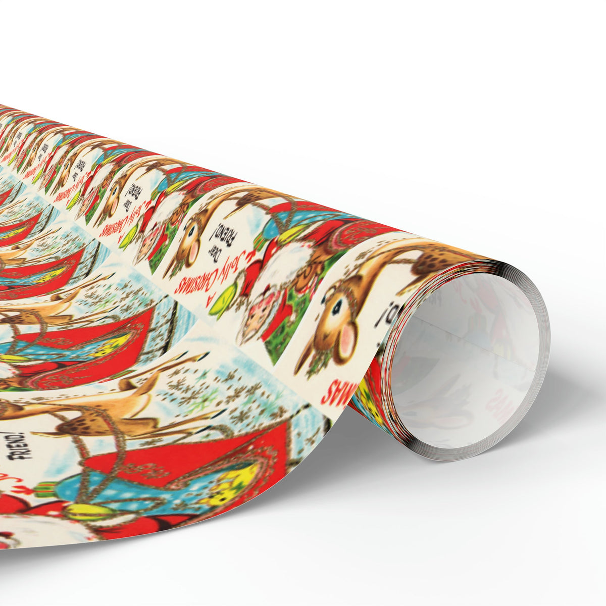 A Jolly Christmas Dear Friend Santa In Sleigh With Reindeer Mid Century Retro Christmas Print Holiday Gift Wrap Paper - Glossy Or Matte