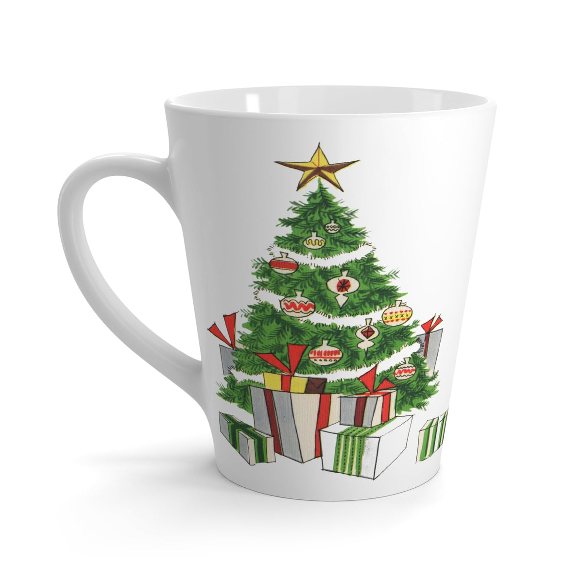 Christmas Tree WIth Presents Retro Christmas Print Latte Coffee Mug