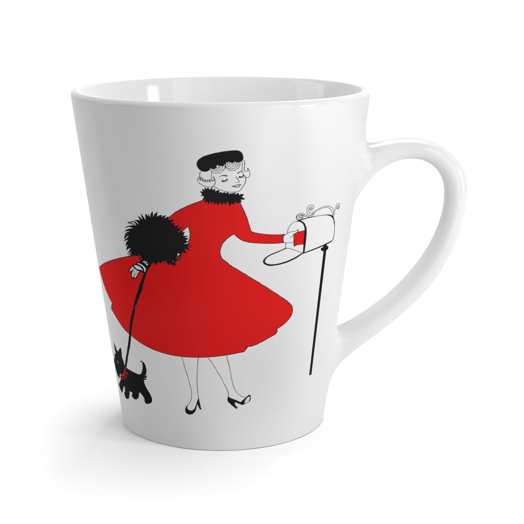 Christmas Lady With Black Scottie Dog At Mailbox Mid Century Retro Christmas Print Latte Coffee Mug