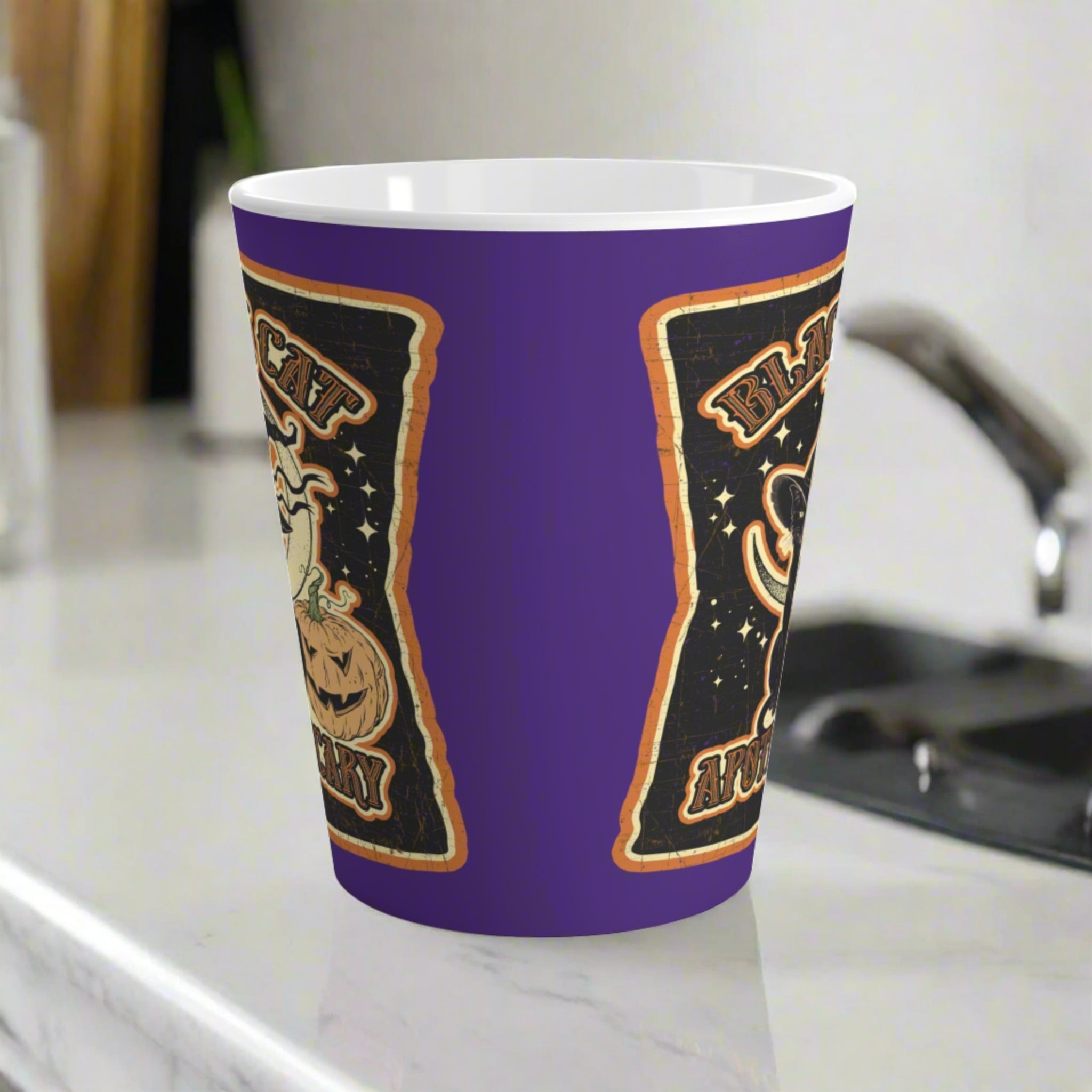 Black Cat Apothecary Distressed Style Halloween Print Latte Mug