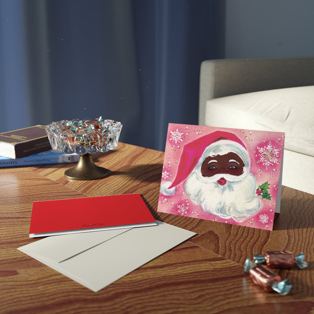 Santa Pink Christmas Mid Century Retro Christmas Print Matte Greeting Cards (8, 16, and 24 pcs)