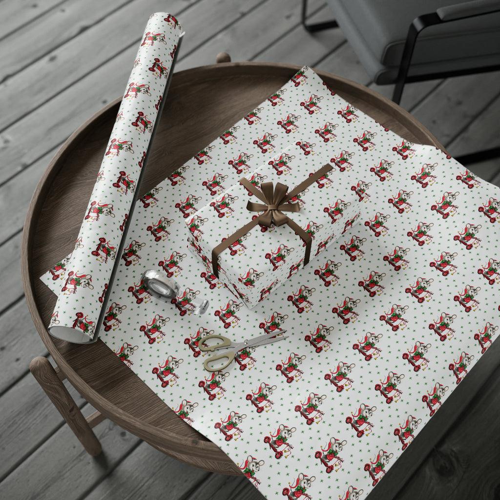 Christmas Mouse On Scooter Green Stars Mid Century Retro Christmas Print Holiday Gift Wrap Paper - Glossy Or Matte