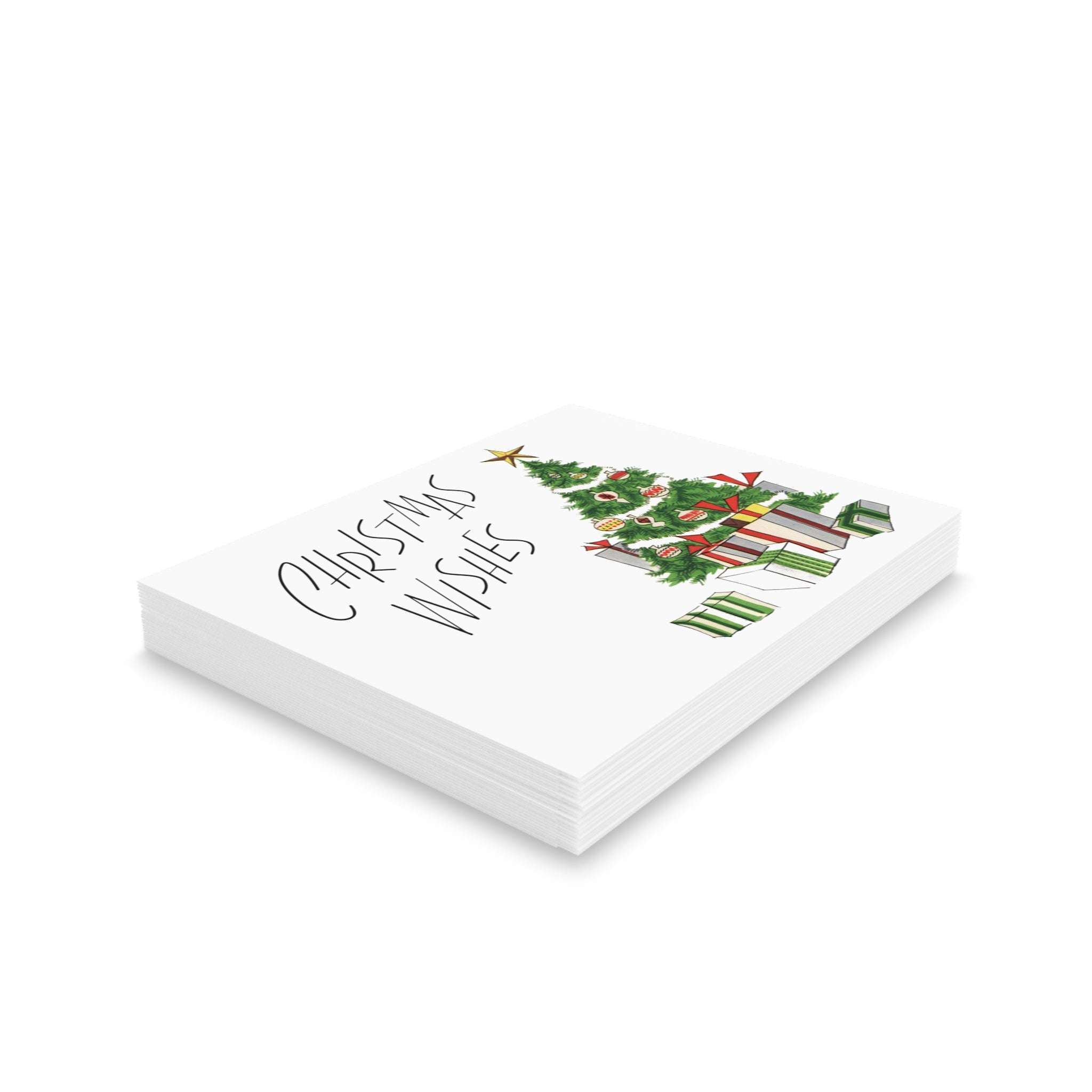 Christmas Wishes Tree With Presents Mid Century Retro Christmas Print Matte Greeting Cards (8, 16, and 24 pcs)