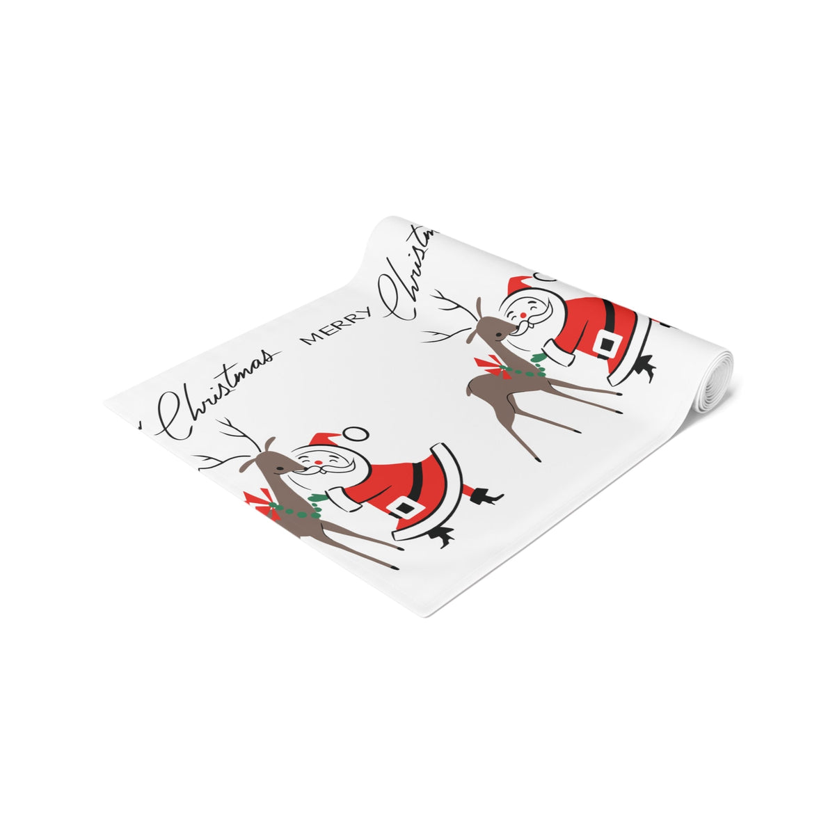 Merry Christmas Santa With Reindeer Mid Century Retro Style Christmas Decor Red Cotton Poly Table Runner