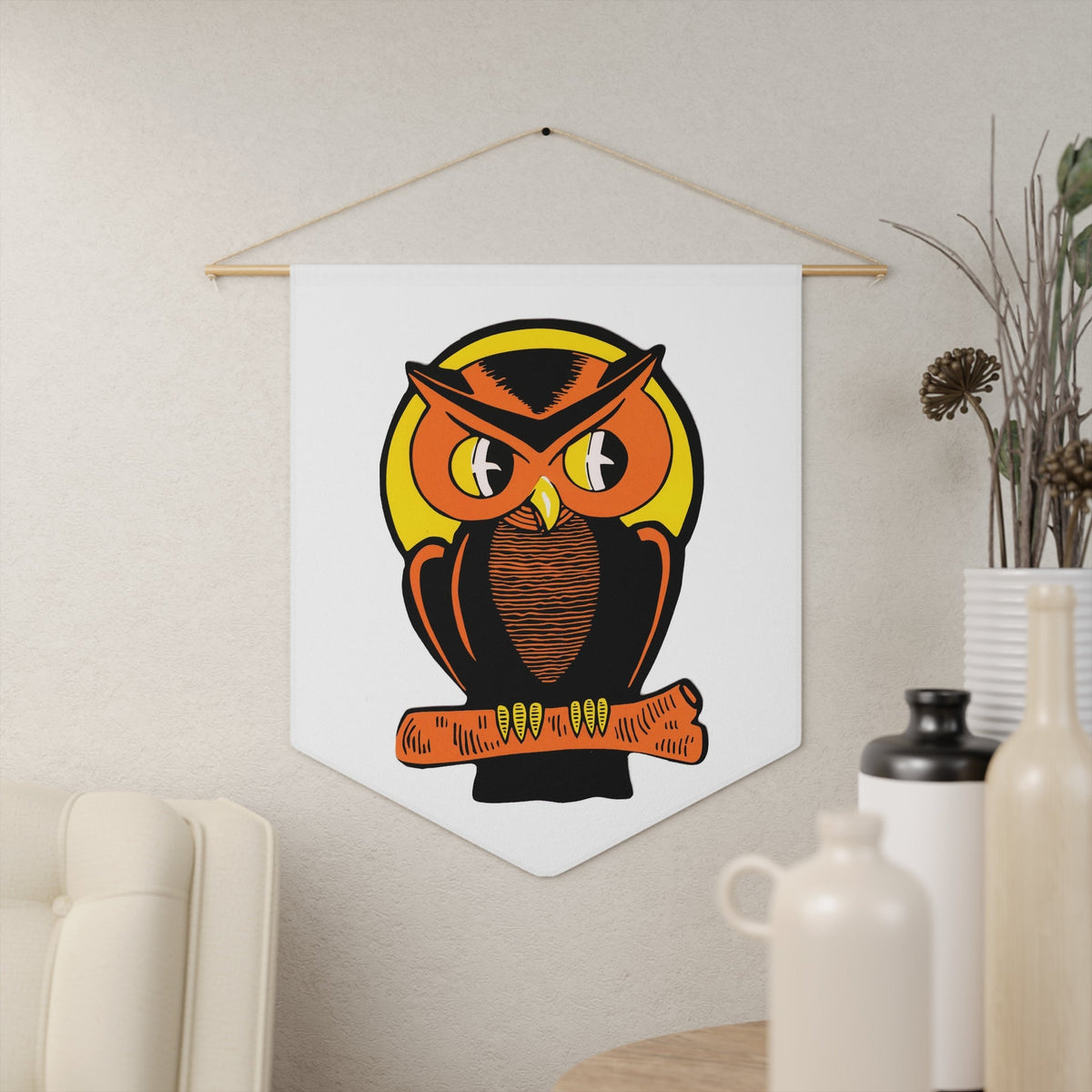 Orange Halloween Owl Mid Century Retro Halloween Print Decor Print Wall Hanging Banner Flag