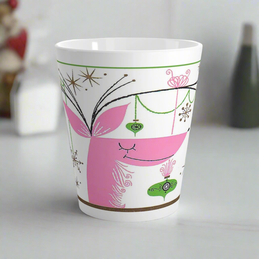 Pink Reindeer With Ornaments Mid Century Retro Christmas Print Latte Coffee Mug