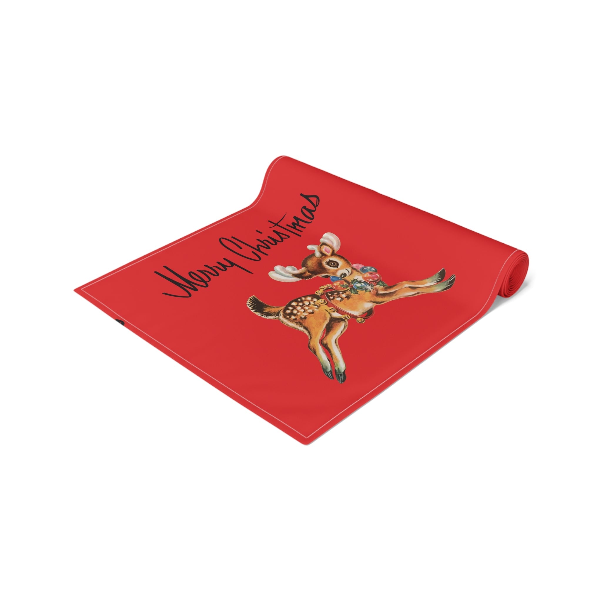 Merry Christmas Reindeer Mid Century Red Retro Christmas Print Home Decor Cotton Poly Table Runner