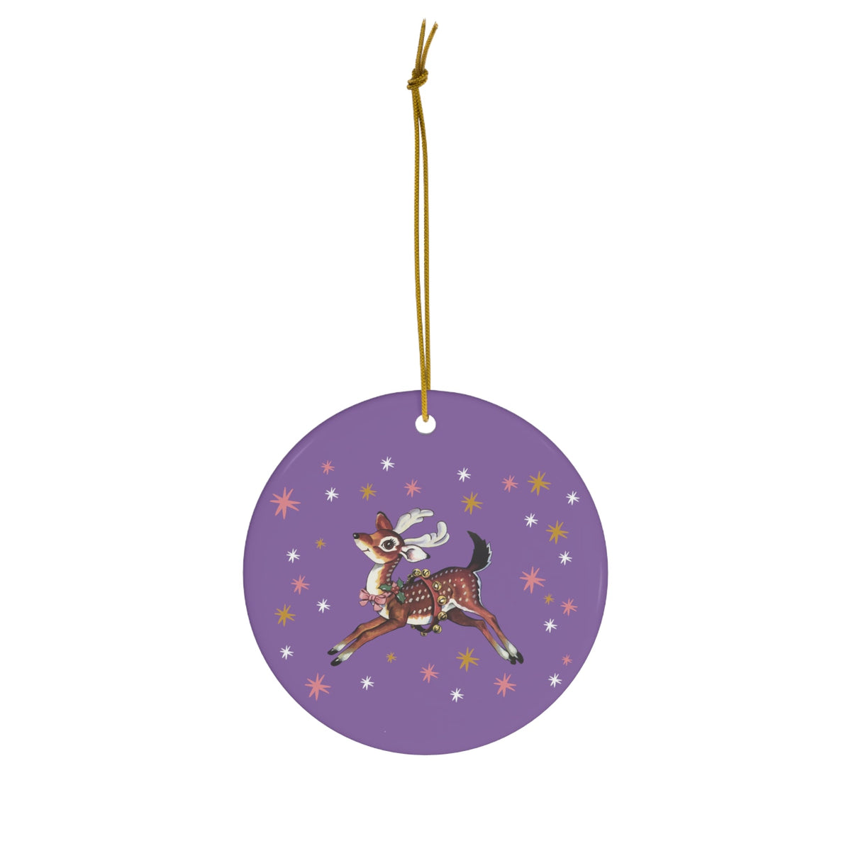 Reindeer Stars Purple Mid Century Retro Christmas Print Ceramic Ornament