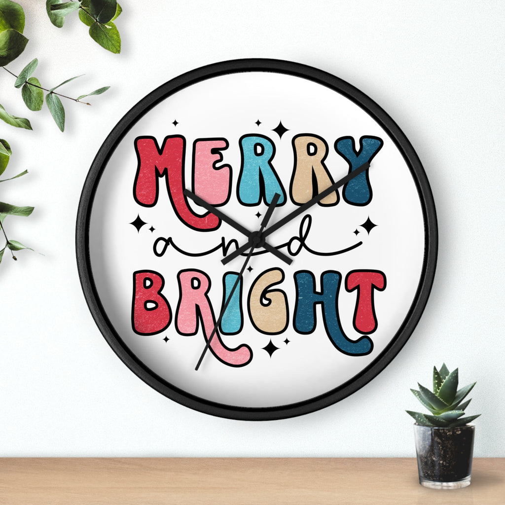 Merry And Bright Christmas Black Christmas Wall Clock
