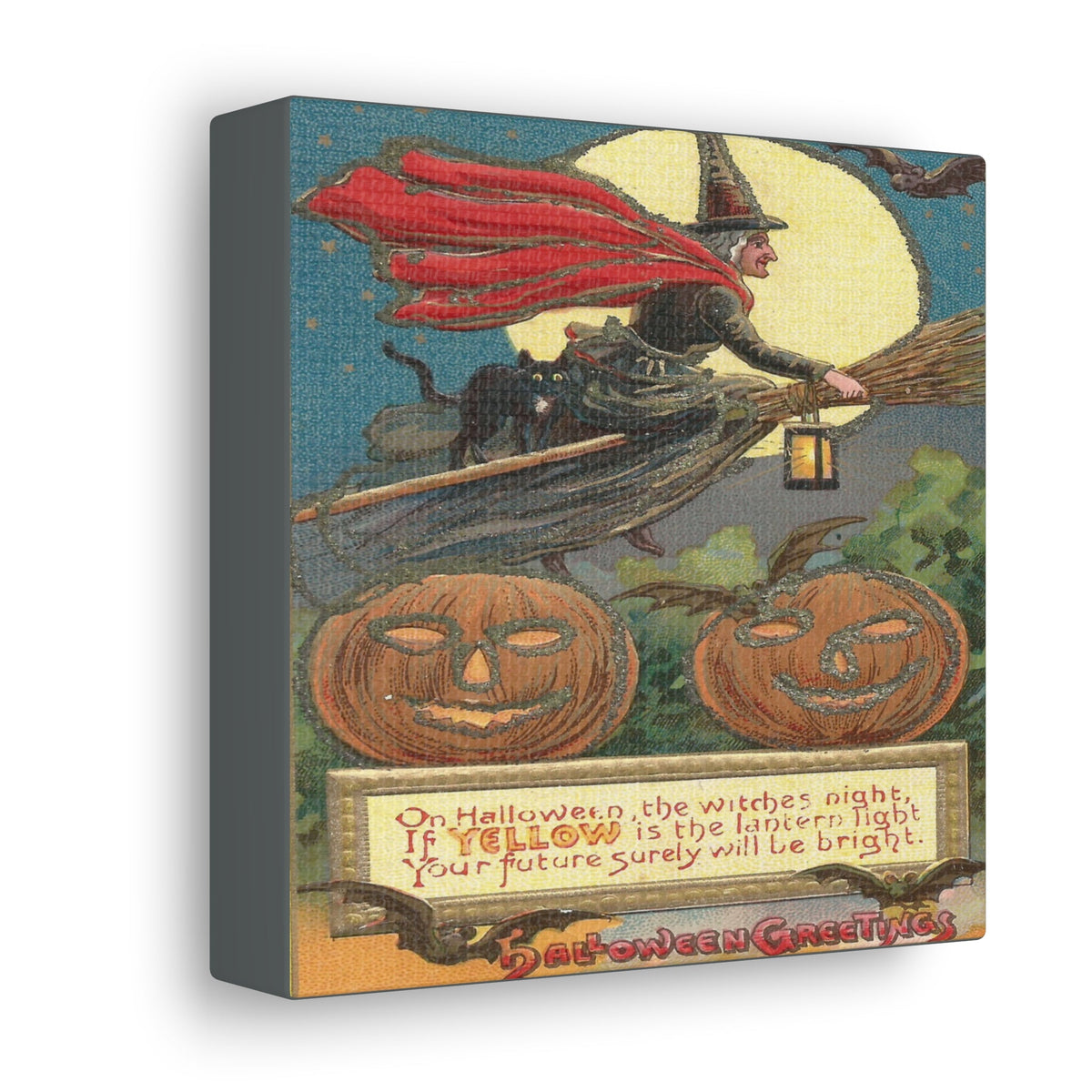 Witch Black Cat Retro Halloween Decor Print Canvas Gallery Wrap