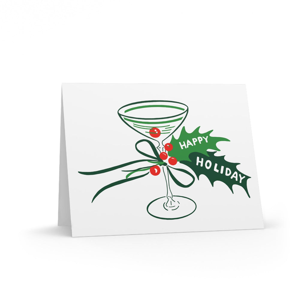 Happy Holiday Champagne Glass Holly Mid Century Retro Christmas Print Matte Greeting Cards (8, 16, and 24 pcs)